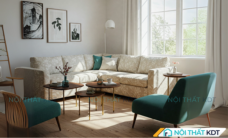 Sofa chữ L màu kem họa tiết nhẹ nhàng kê góc phòng tràn ngập ánh sáng tự nhiên, kết hợp điểm nhấn ghế đơn xanh ngọc và bộ bàn tròn đa tầng hiện đại.