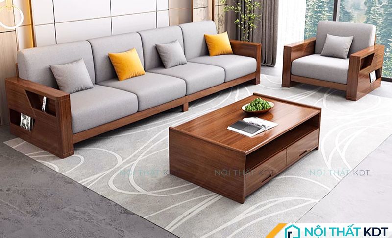 Sofa văng 4 chỗ kết hợp sofa đơn và bàn trà cùng tone gỗ sang trọng