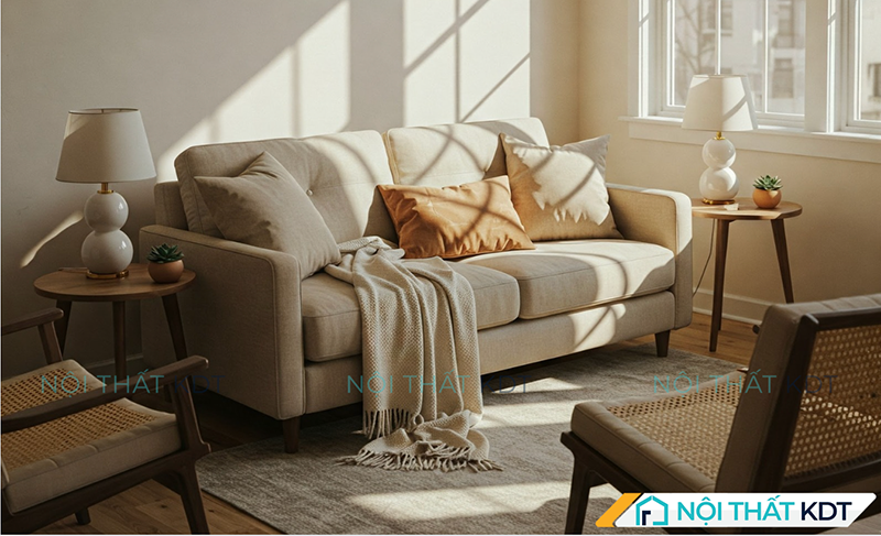 Sofa văng màu be kê sát tường đón ánh nắng tự nhiên, kết hợp với bàn tròn gỗ nhỏ gọn hai bên và ghế mây tạo không gian ấm cúng