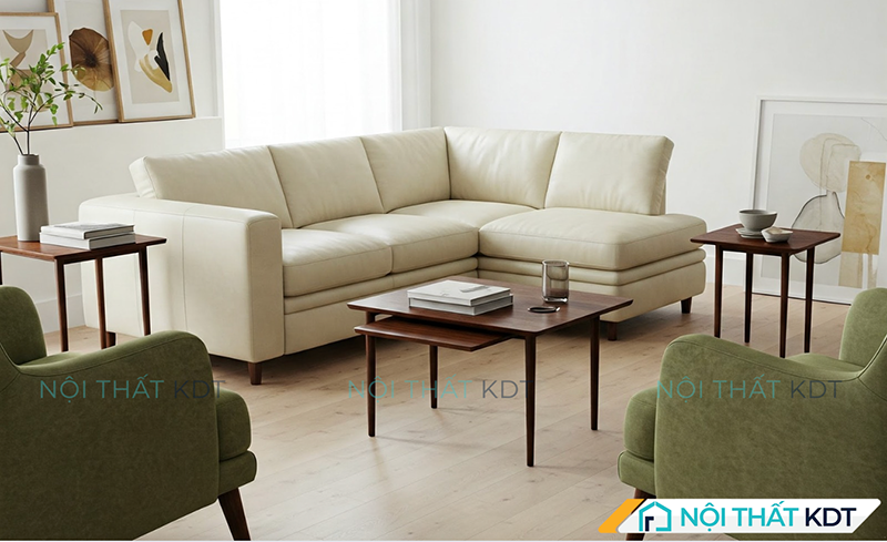 Sofa chữ L màu kem kê góc phòng tạo không gian tiếp khách gọn gàng, kết hợp hài hòa với ghế đơn xanh olive và bàn gỗ sẫm màu