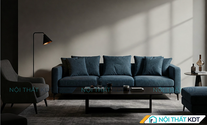 Sofa văng ba chỗ màu xanh đậm kê vuông góc với ghế đơn cùng tông, tạo không gian tiếp khách sang trọng, hiện đại
