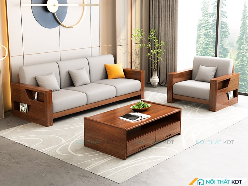 Bộ phòng khách hiện đại với sofa khung gỗ, ghế đơn