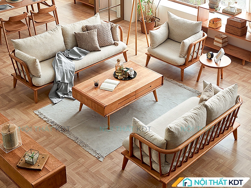 Bố trí phòng khách hiện đại với 2 sofa văng 2 chỗ và ghế đơn khung gỗ nhẹ thiết kế mở