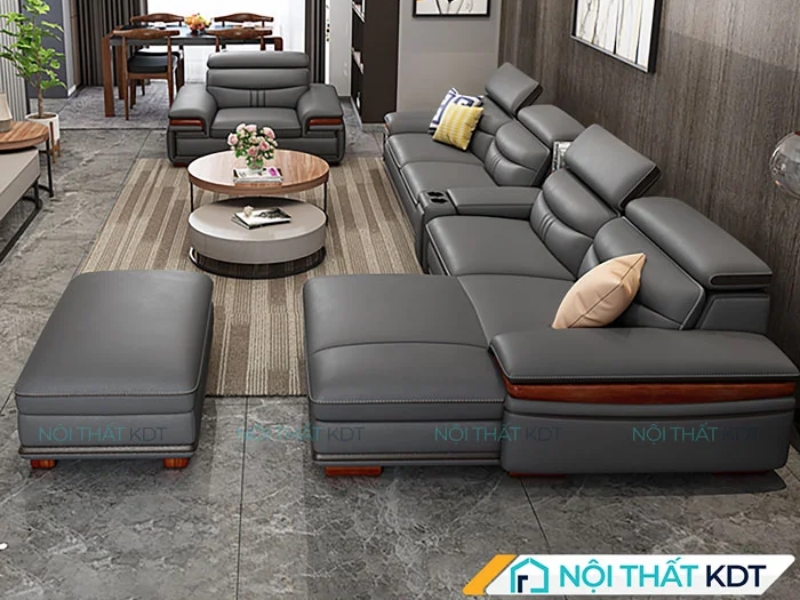 Sofa da góc chữ L rộng rãi với tựa đầu điều chỉnh được, phù hợp cho không gian phòng khách rộng