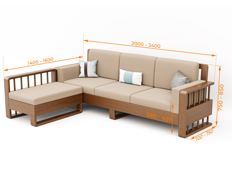 Ví dụ kích thước sofa phòng khách gỗ chữ L