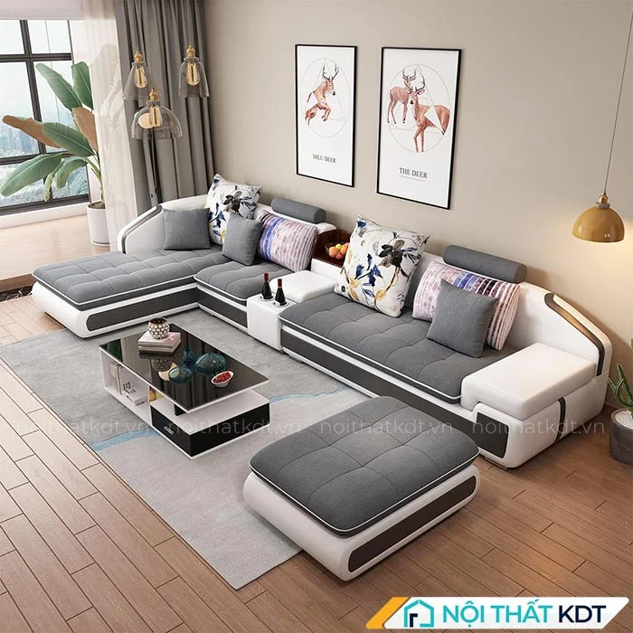 Mẫu sofa nỉ góc phòng khách kết hợp da mau xam S28
