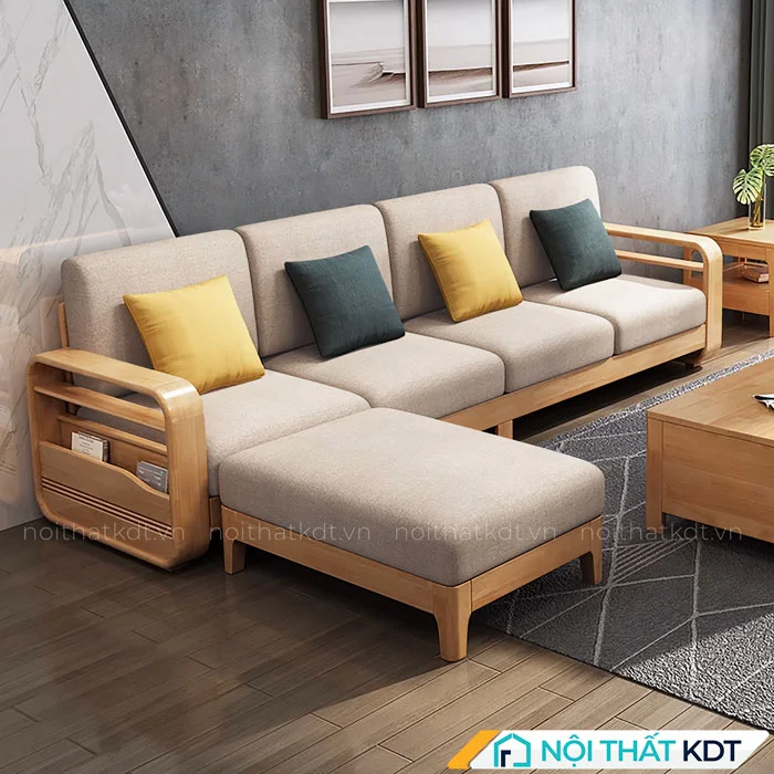 Mẫu sofa gỗ sồi góc L phòng khách tay vịn kem S178