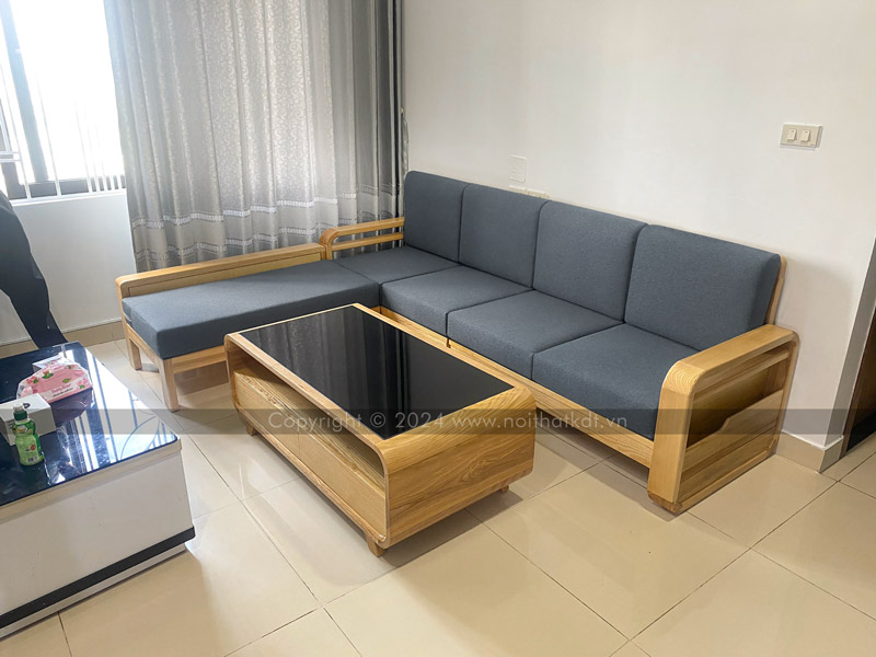 Mẫu sofa gỗ sồi góc L phòng khách tay vịn S178