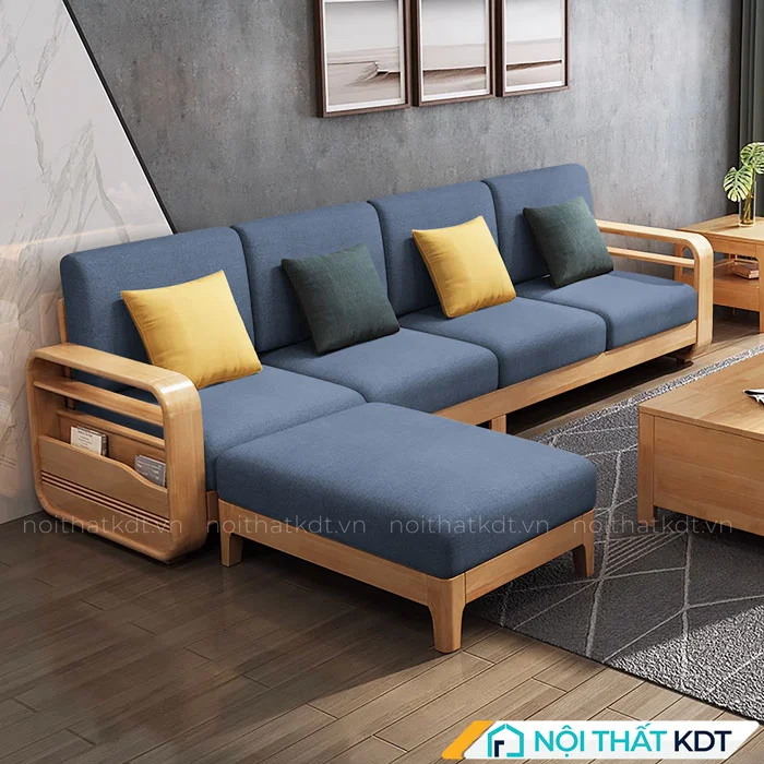 Mẫu sofa gỗ sồi góc L phòng khách tay vịn xanh dương S178