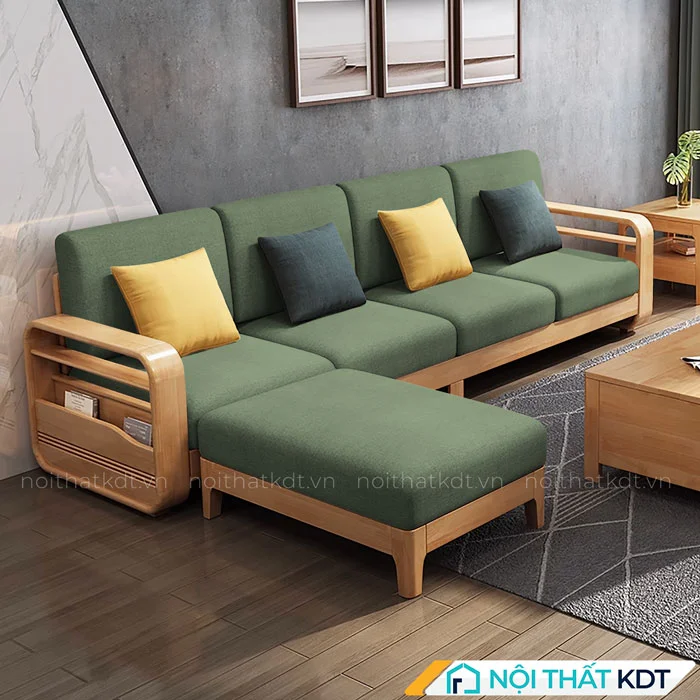 Mẫu sofa gỗ sồi góc L phòng khách tay vịn xanh la S178