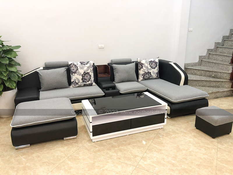 Mẫu sofa nỉ góc phòng khách kết hợp da xam S28