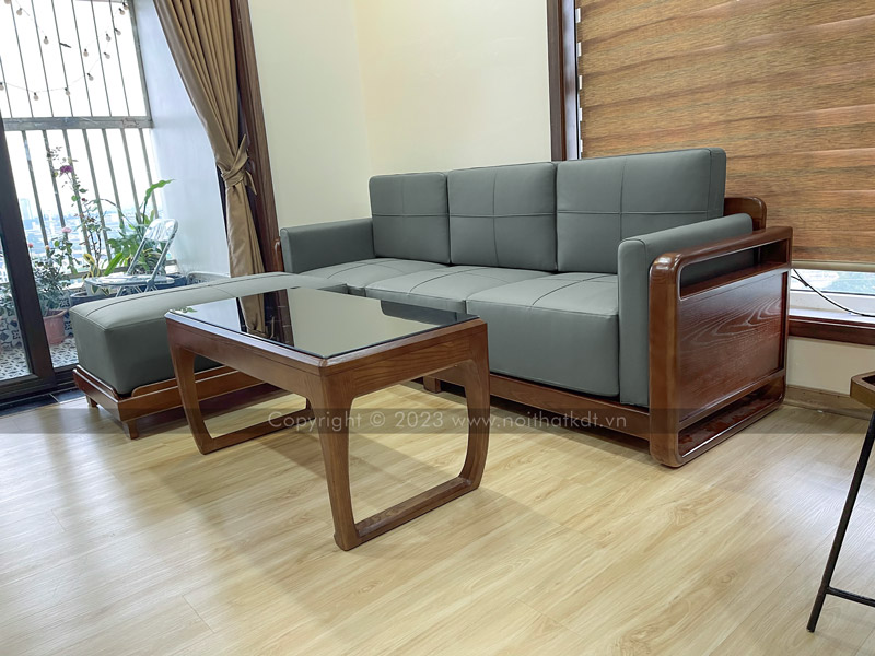 Sofa gỗ đệm da xám S329