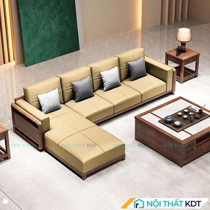 Sofa gỗ đệm da vàng S329