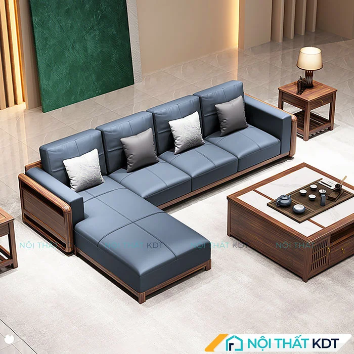 Sofa gỗ đệm da xanh S329
