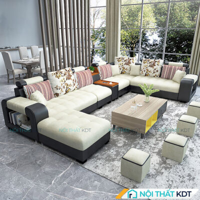 Sofa chu U boc da ni co khay chen S26U