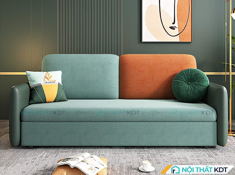 Mẫu sofa văng S12 có thiết kế hiện đại với tay vịn mỏng, kết hợp màu sắc tươi sáng như xanh lá và cam, mang đến sự trẻ trung và năng động cho không gian
