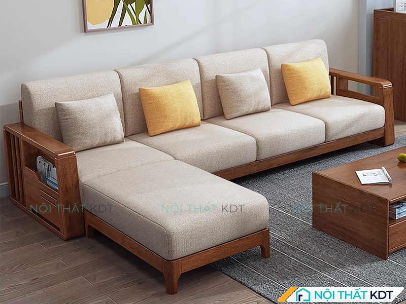 Mẫu sofa chữ L thay đổi góc S271-L4 có phần khung gỗ nâu trầm chắc chắn, tay vịn tích hợp ngăn để sách tiện lợi, khiến phòng khách thêm sang trọng và tiện nghi