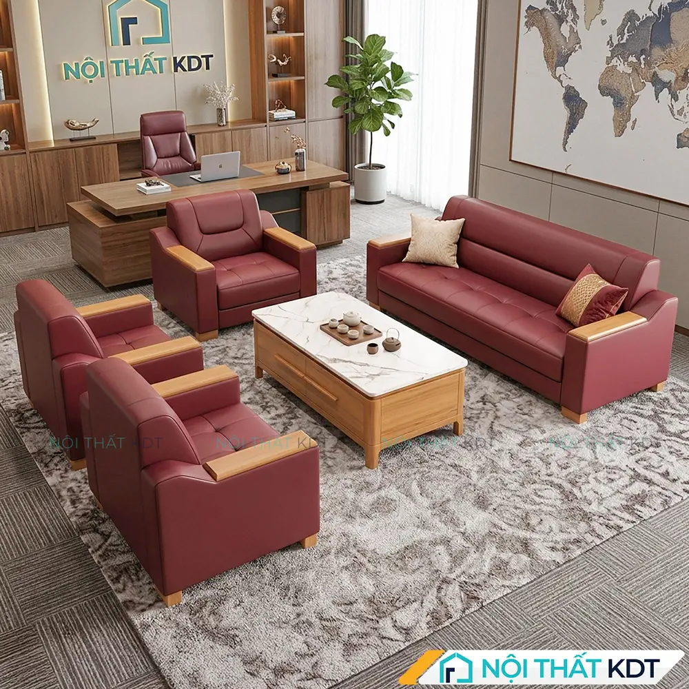Sofa văn phòng hiện đại S661 bọc da màu đỏ đô
