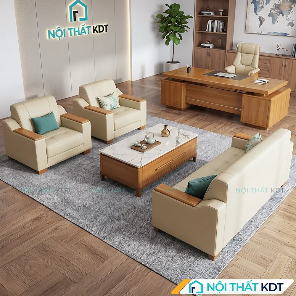 Bộ sofa văn phòng hiện đại S661 bọc da màu kem