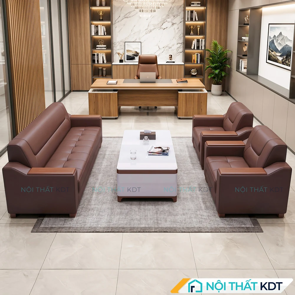 Sofa văn phòng hiện đại bọc da màu nâu mã S661