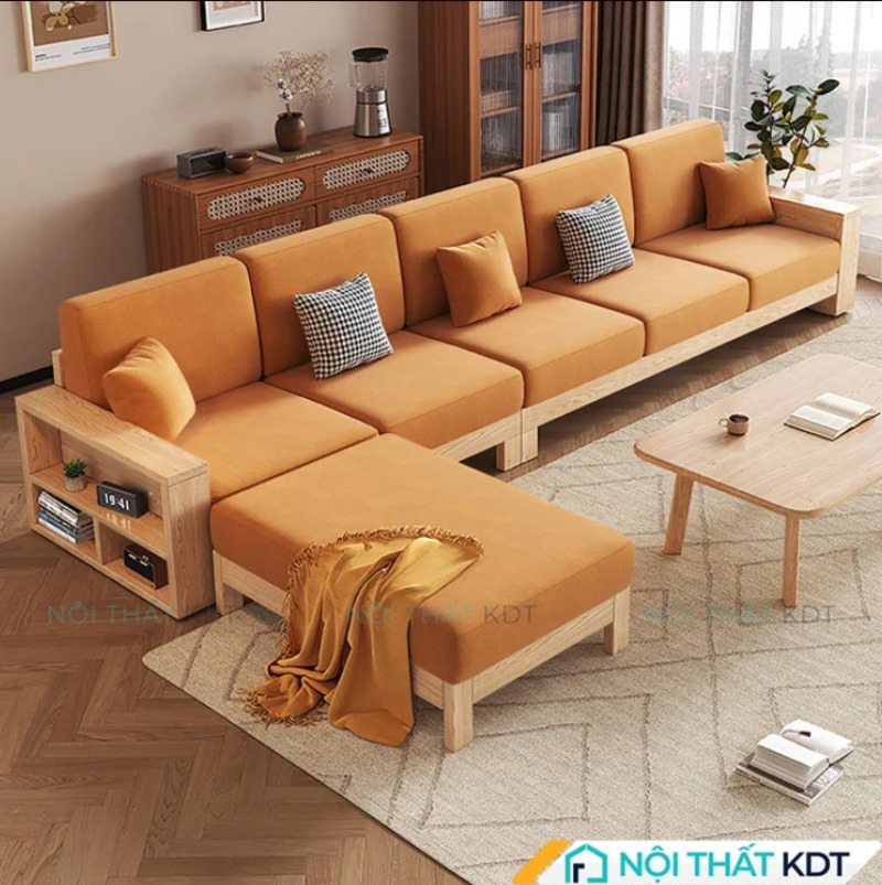 Sofa gỗ chữ L giúp tối ưu góc phòng khách và tạo cảm giác không gian gọn gàng hơn