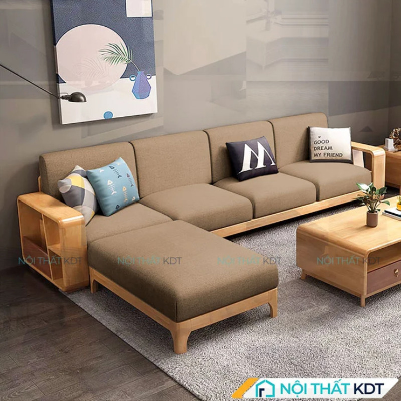 Một mẫu sofa gỗ chữ L bọc nỉ hiện đại giúp không gian phòng khách ấm cúng và tiện nghi hơn