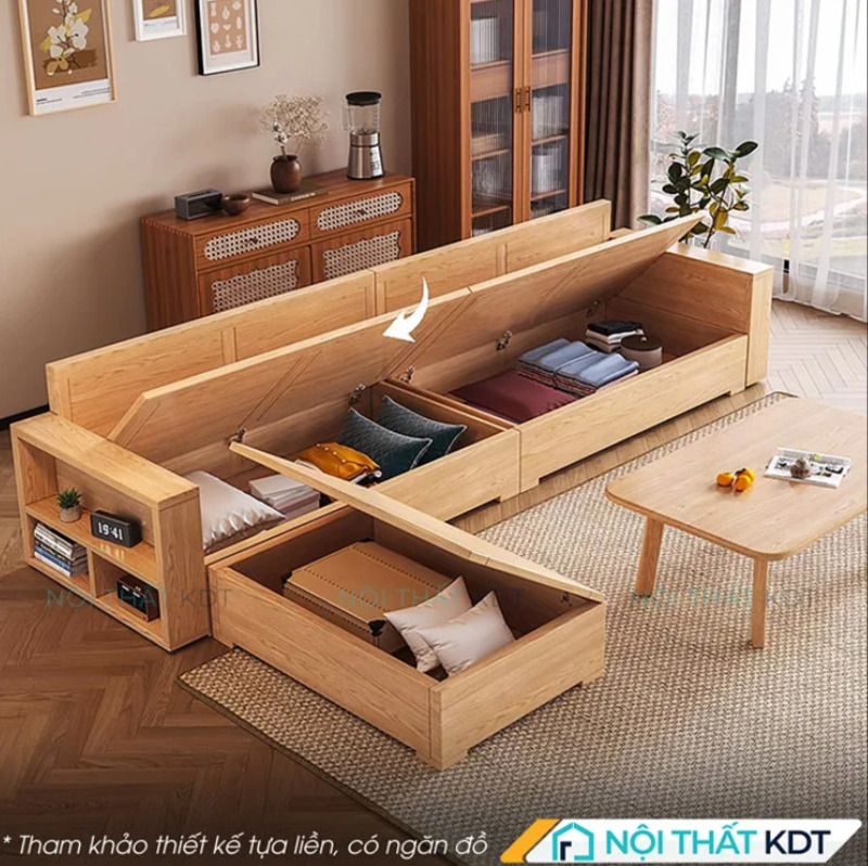 Mẫu sofa gỗ chữ L tích hợp ngăn kéo tiện ích giúp tăng không gian lưu trữ đồ cho gia đình