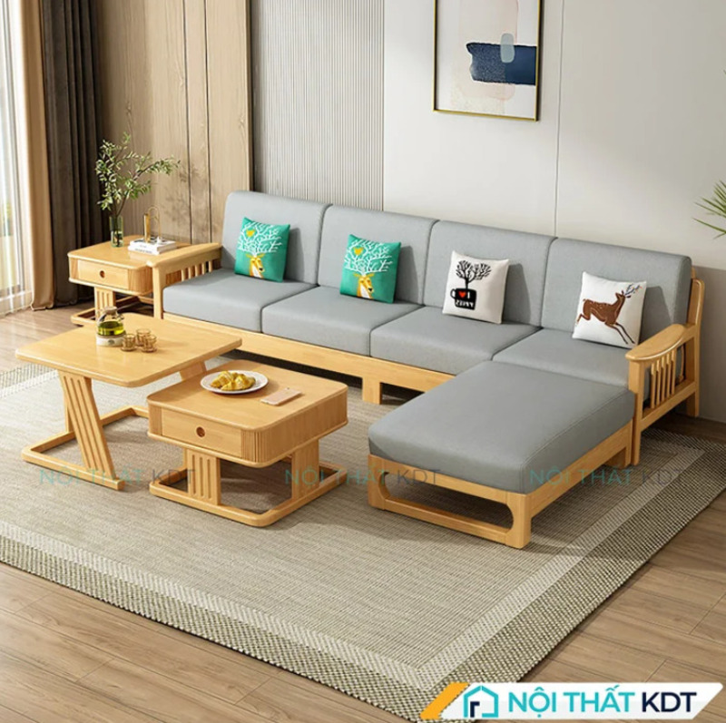 Một mẫu sofa gỗ chữ L hiện đại phù hợp với nhiều căn hộ chung cư