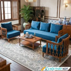 Bộ bàn ghế sofa gỗ phong cách Indochine S564-nỉ xanh dương