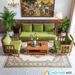 Bộ bàn ghế sofa gỗ phong cách Indochine S564-nỉ xanh lá