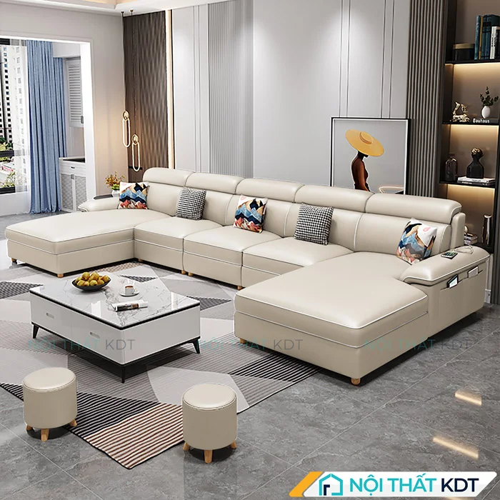 Mẫu ghế Sofa chữ U bọc da sang trọng S36-U be