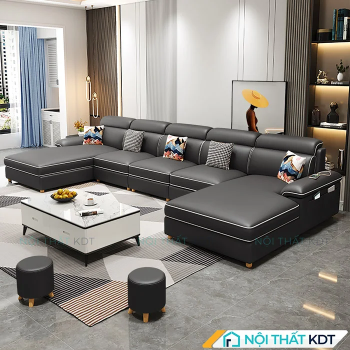Mẫu ghế Sofa chữ U bọc da sang trọng S36-U đen