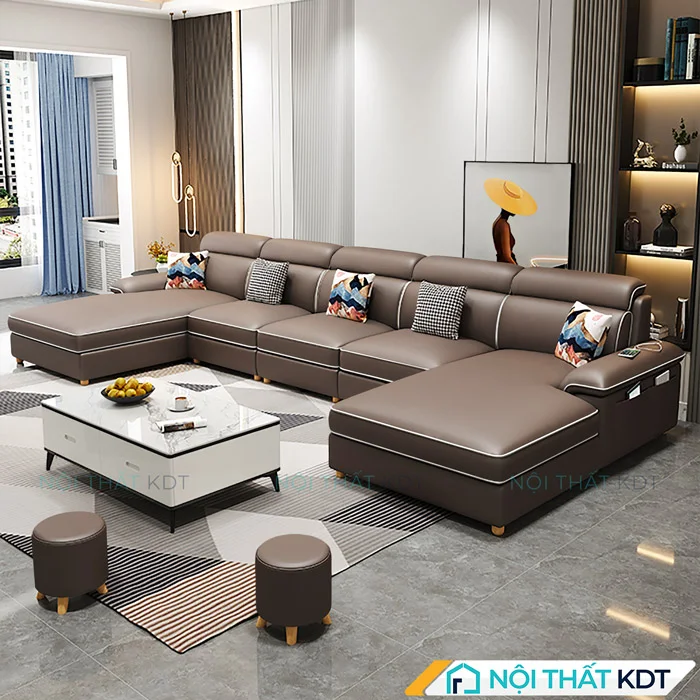Mẫu ghế Sofa chữ U bọc da sang trọng S36-U nâu