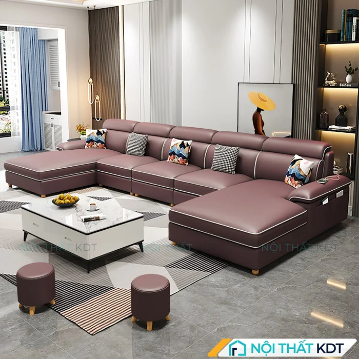 Mẫu ghế Sofa chữ U bọc da sang trọng S36-U nâu trầm