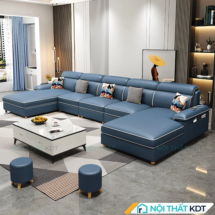 Mẫu ghế Sofa chữ U bọc da sang trọng S36-U xanh