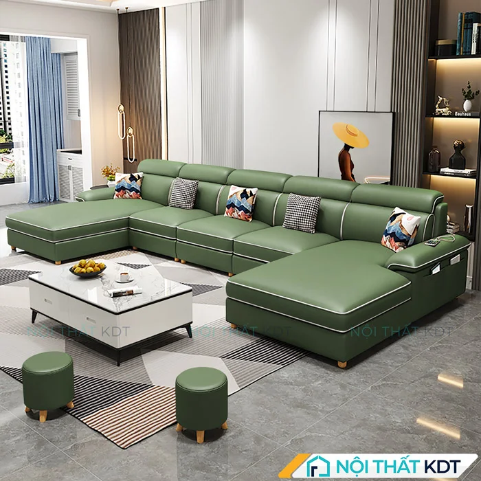 Mẫu ghế Sofa chữ U bọc da sang trọng S36-U xanh rêu