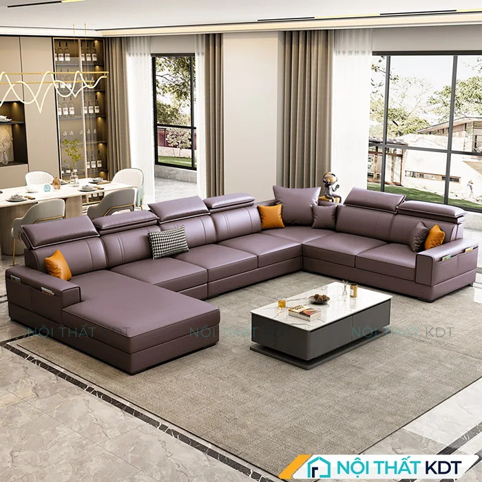 Mẫu sofa xếp chữ U bọc da tiện nghi S166-U tím đậm