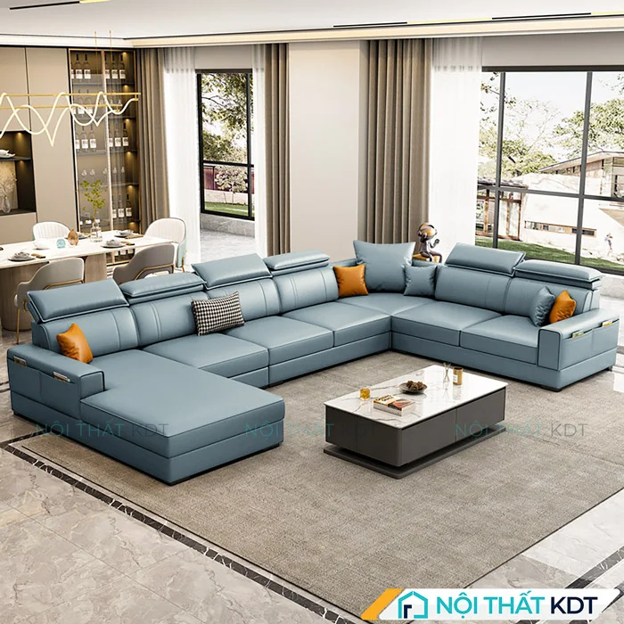 Mẫu sofa xếp chữ U bọc da tiện nghi S166-U xanh da trời