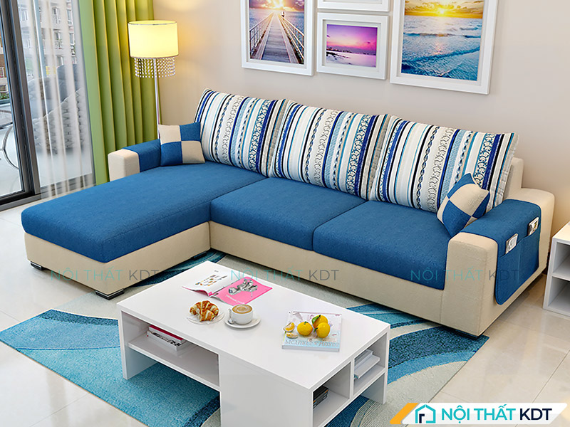 Mẫu sofa nỉ góc chữ L S23 có màu xanh cobalt nổi bật
