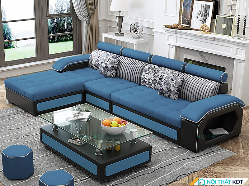 Mẫu sofa nỉ góc chữ L S29 nổi bật với màu xanh cobalt đậm