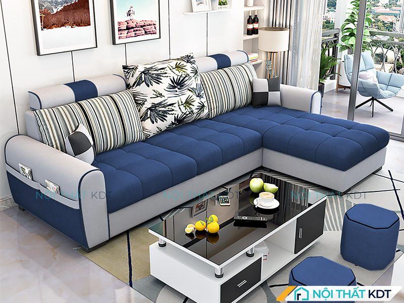 Mẫu sofa nỉ góc chữ L S39 gây ấn tượng với sắc xanh cobalt cá tính