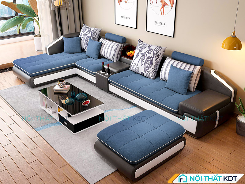 Mẫu sofa chữ L S28 với phần khung bọc da màu đen sang trọng
