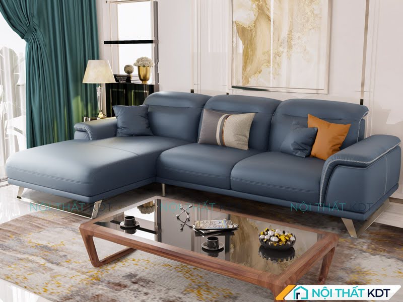 Mẫu sofa da góc chữ L S227 kết hợp xanh dương đậm và vàng cam