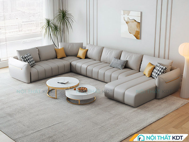 Sofa da chữ U S218-U màu ghi bọc da cao cấp, phù hợp với những căn hộ có diện tích rộng 