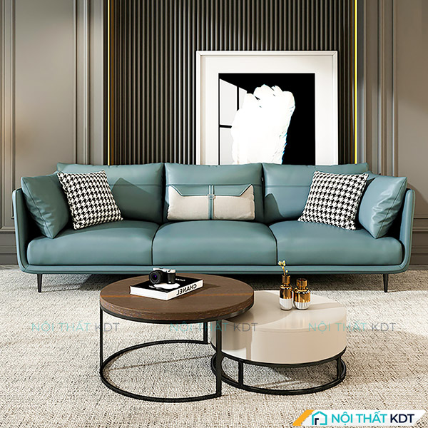 Mẫu sofa văng da S121 có màu xanh cổ vịt nhẹ nhàng, kết hợp với màu trắng và đen