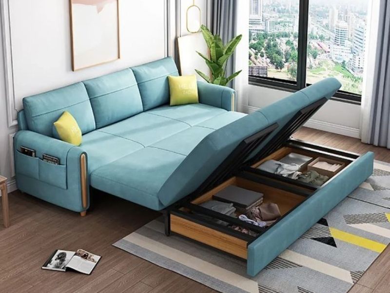 Mẫu sofa giường được làm từ chất liệu nỉ êm ái, màu xanh cổ vịt độc đáo giúp làm nổi bật vẻ đẹp trẻ trung của không gian