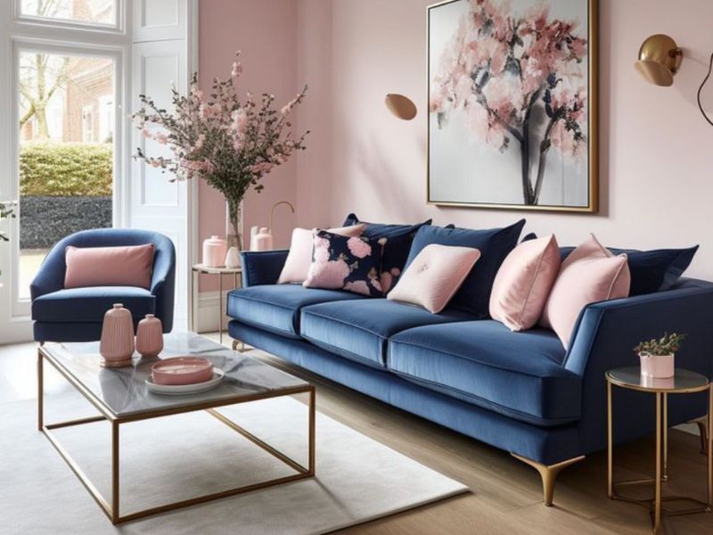 Phối ghế sofa xanh dương với màu hồng