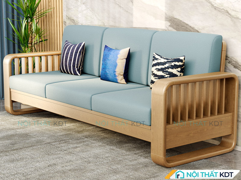 Mẫu sofa văng gỗ S274-V3 có phần khung gỗ chắc chắn với thiết kế sọc tinh tế, kết hợp cùng màu xanh da trời tươi sáng