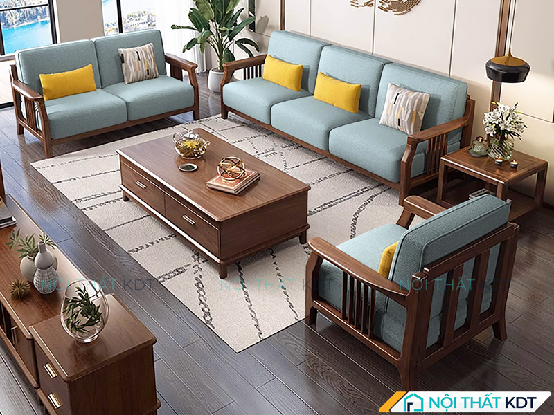 Mẫu sofa gỗ góc chữ U S384-U có phần khung gỗ tự nhiên chắc chắn, phối màu xanh da trời một cách hài hòa