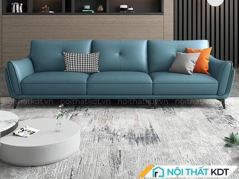 Mẫu sofa văng da S202 có thiết kế hiện đại, phối màu xanh da trời trang nhã cùng màu xám và cam nổi bật